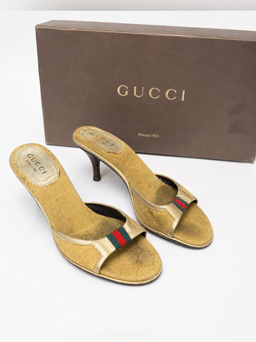 Vintage Gucci GG Monogram Web Stripe Gold Heeled Mule Sandals — Size 9.5B